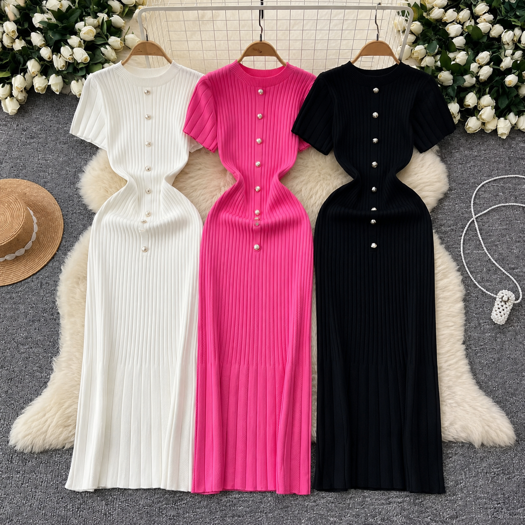 Elegant Ribbed Maxi Dress – White, Pink & Black