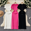 Elegant Ribbed Maxi Dress – White, Pink & Black