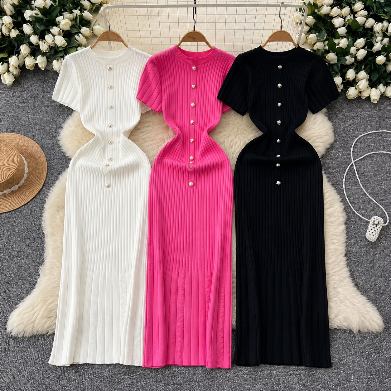 Elegant Ribbed Maxi Dress – White, Pink & Black