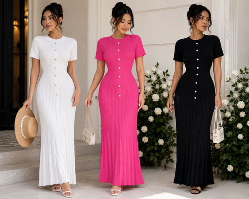 Elegant Ribbed Maxi Dress – White, Pink & Black