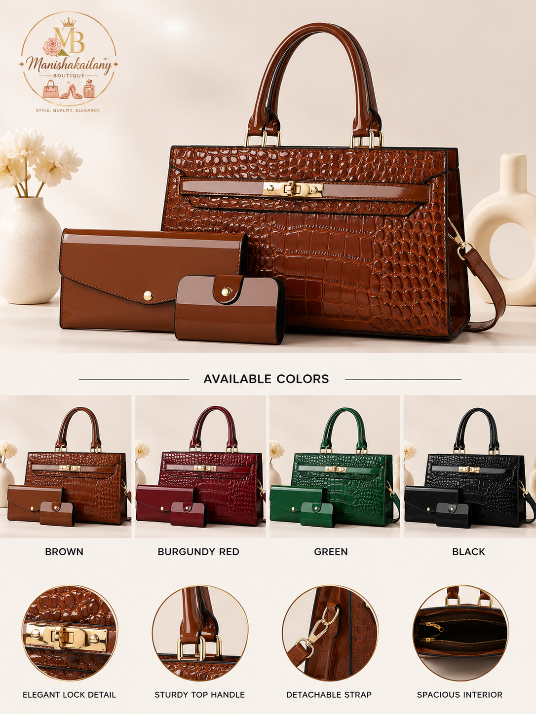 ✨ Luxury Crocodile Embossed Top Handle Handbag Set