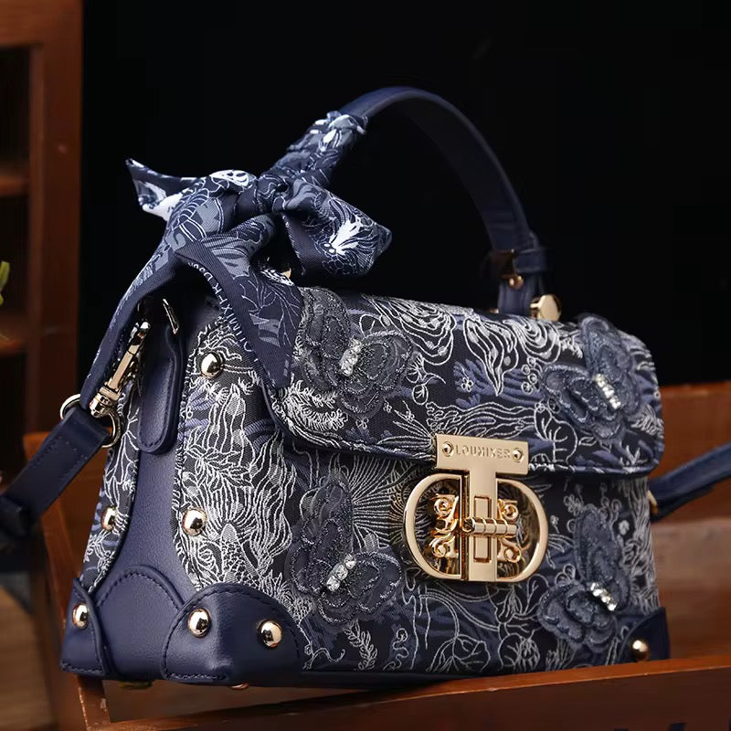 Elegant Floral Embroidered Handbag with Scarf – Gray Luxury Shoulder Bag