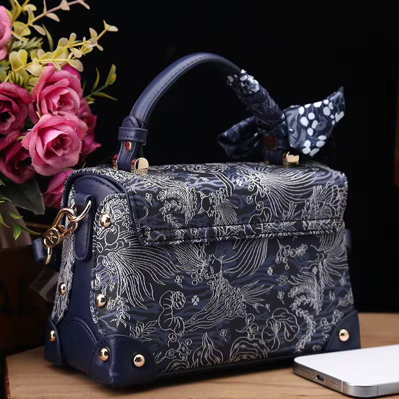 Elegant Floral Embroidered Handbag with Scarf – Gray Luxury Shoulder Bag