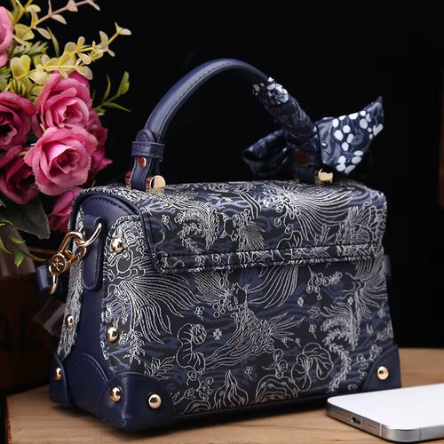 Elegant Floral Embroidered Handbag with Scarf – Gray Luxury Shoulder Bag