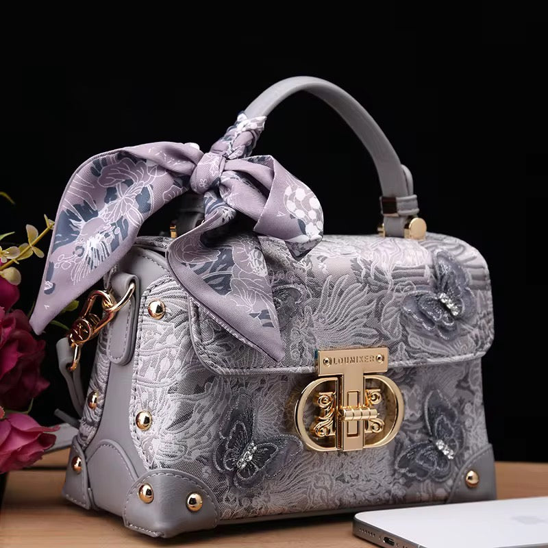 Elegant Floral Embroidered Handbag with Scarf – Gray Luxury Shoulder Bag