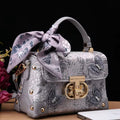 Elegant Floral Embroidered Handbag with Scarf – Gray Luxury Shoulder Bag