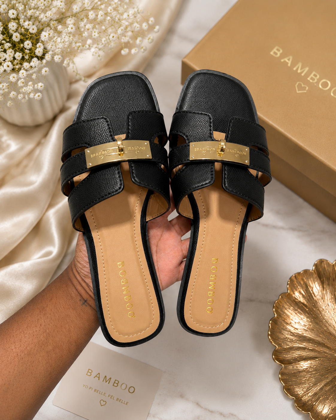 Women’s Luxury Flat Slide Sandals with Gold Accent – Black